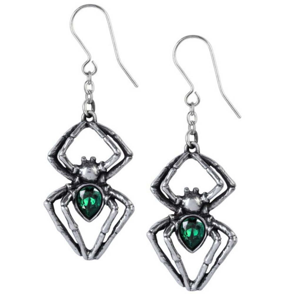 Alchemy Gothic Venom Spider Earrings Green Crystals NWT